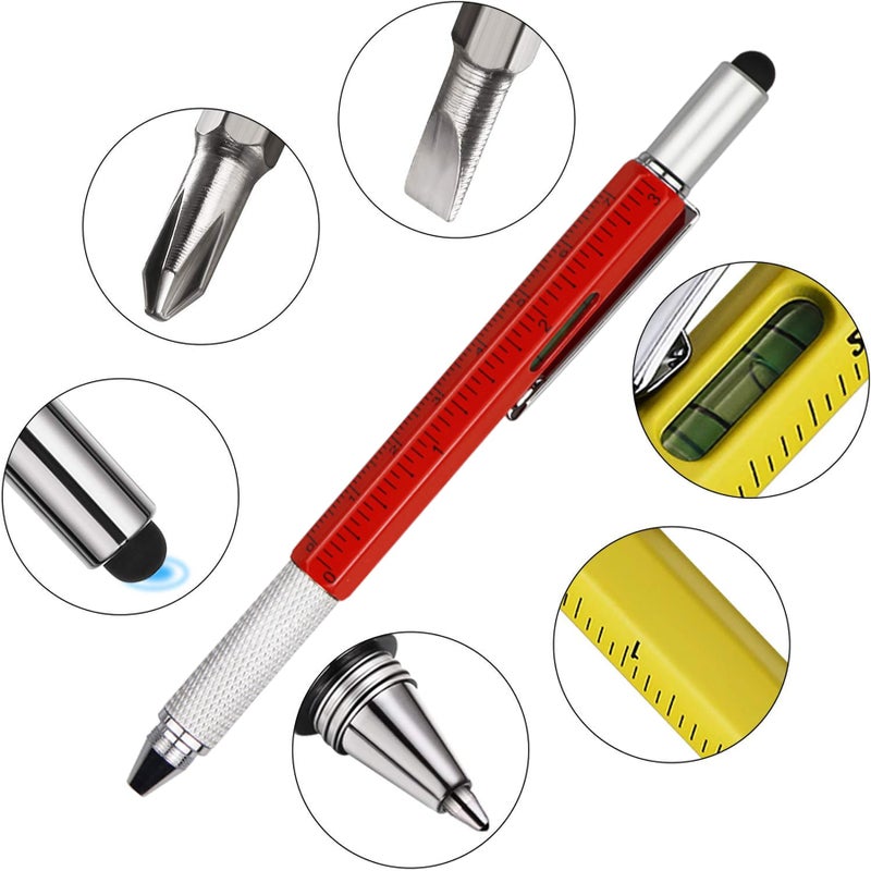 DUNBONG Metal Multi tool Pen 6-in-1 Stylus Pen - With Screwdriver, Ballpoint Pen Black ink, Stylus pen, Level and Ruler, 1-Count (Red) - Image 3